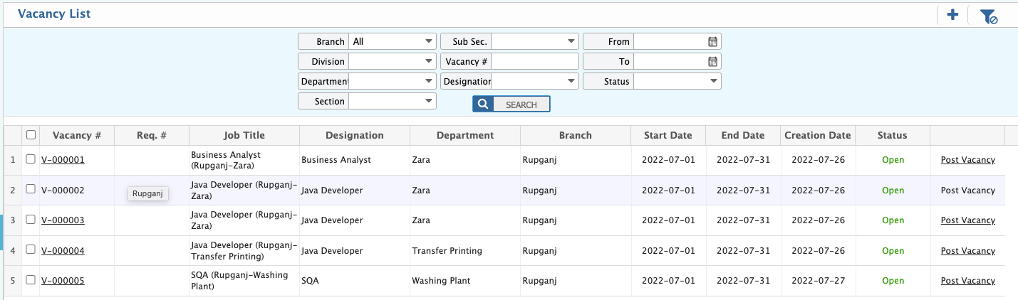 Vacancy List Page